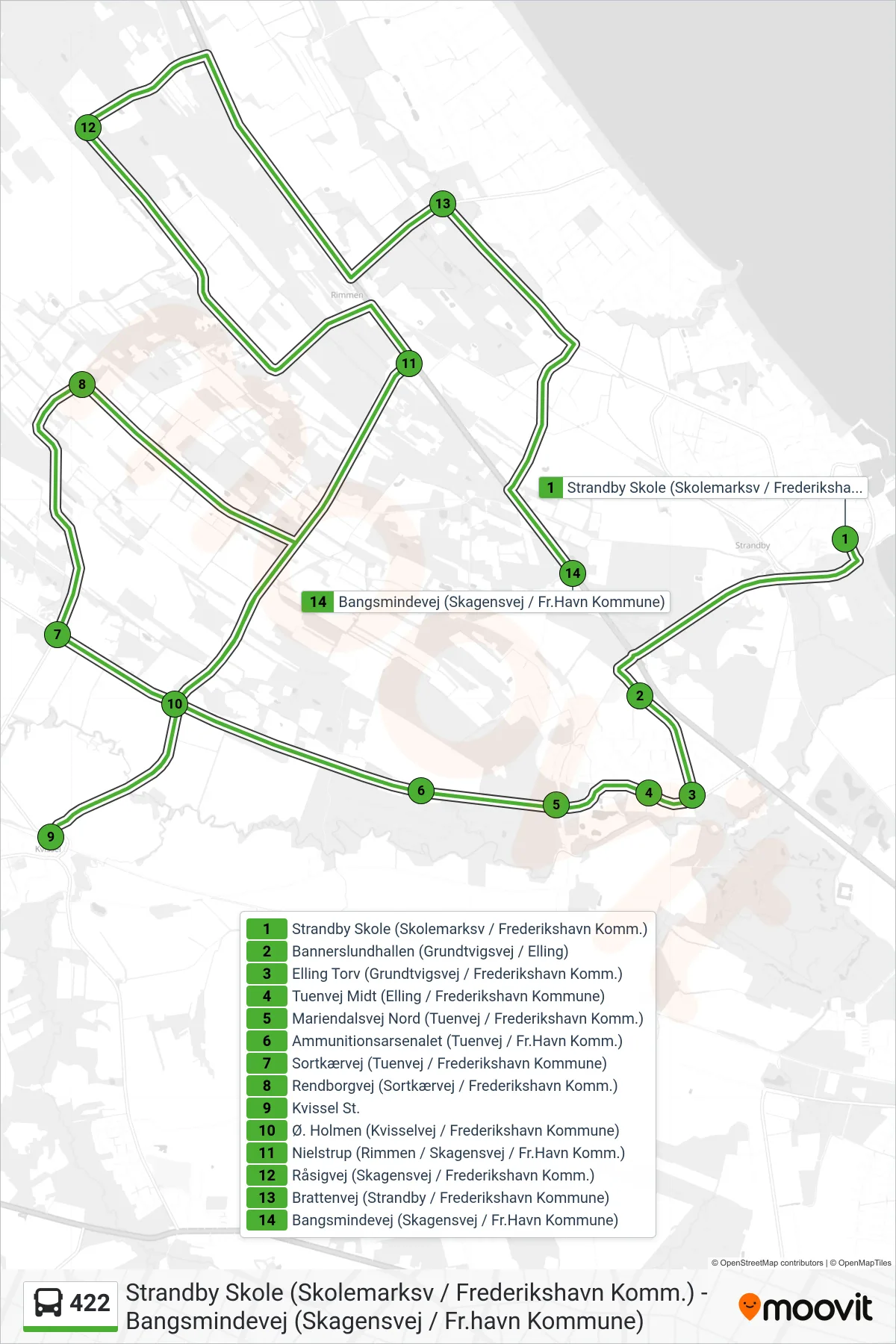 422 bus Linje (Ø. Holmen) rute og stop på et kort