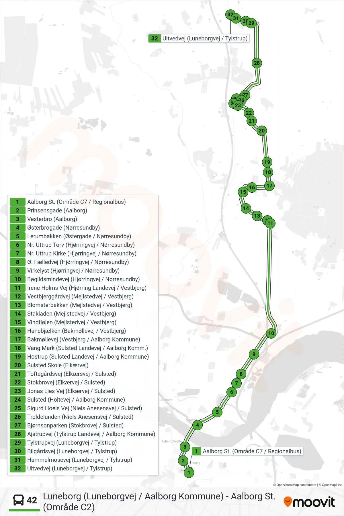 42 bus Line (Tylstrup) route and stops on a map