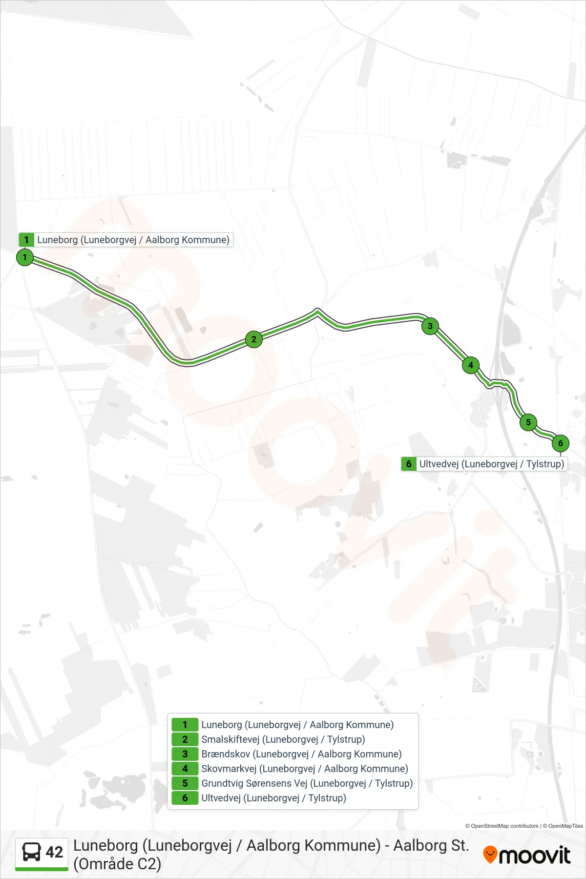 42 bus Linje (Tylstrup) rute og stop på et kort