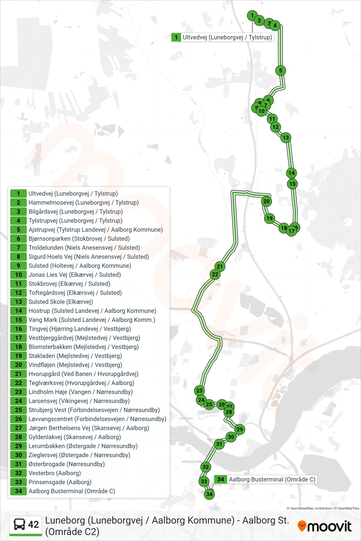 42 bus Linje (Aalborg Via Hvorupgård) rute og stop på et kort