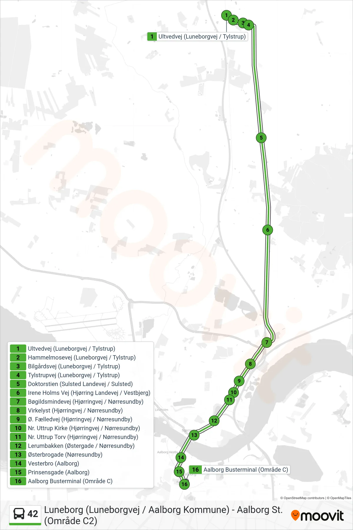 42 bus Linje (E Aalborg / Nørresundby Direkte) rute og stop på et kort