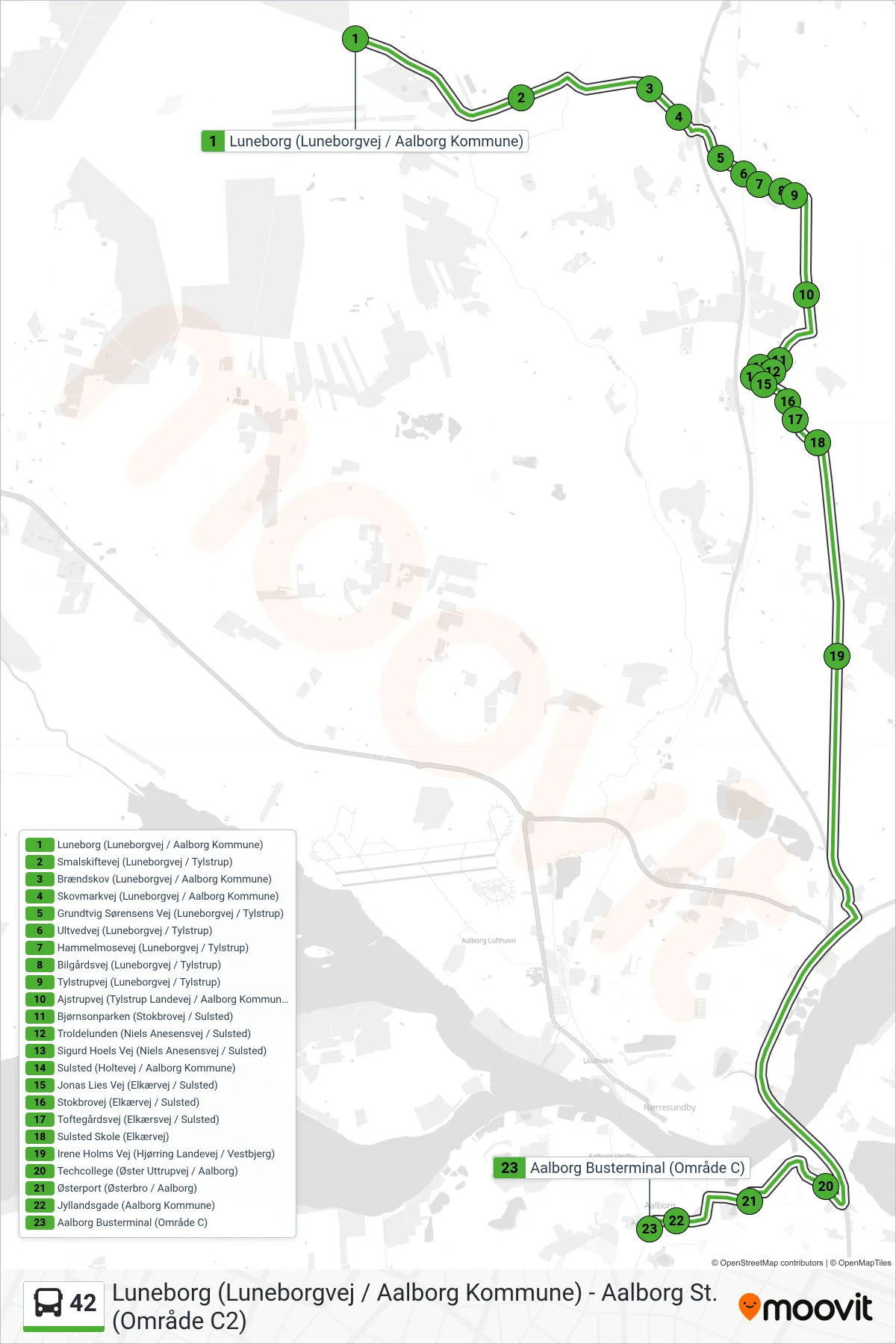 42 bus Linje (F Aalborg Via Tech College) rute og stop på et kort