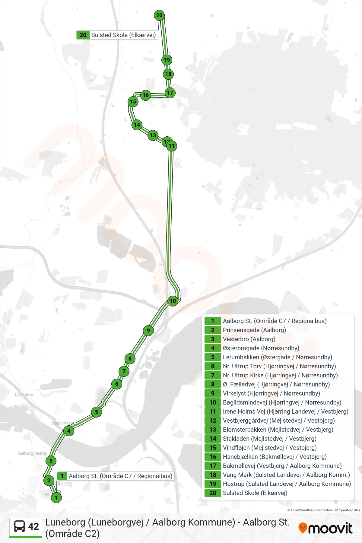 42 bus Linje (Sulsted) rute og stop på et kort