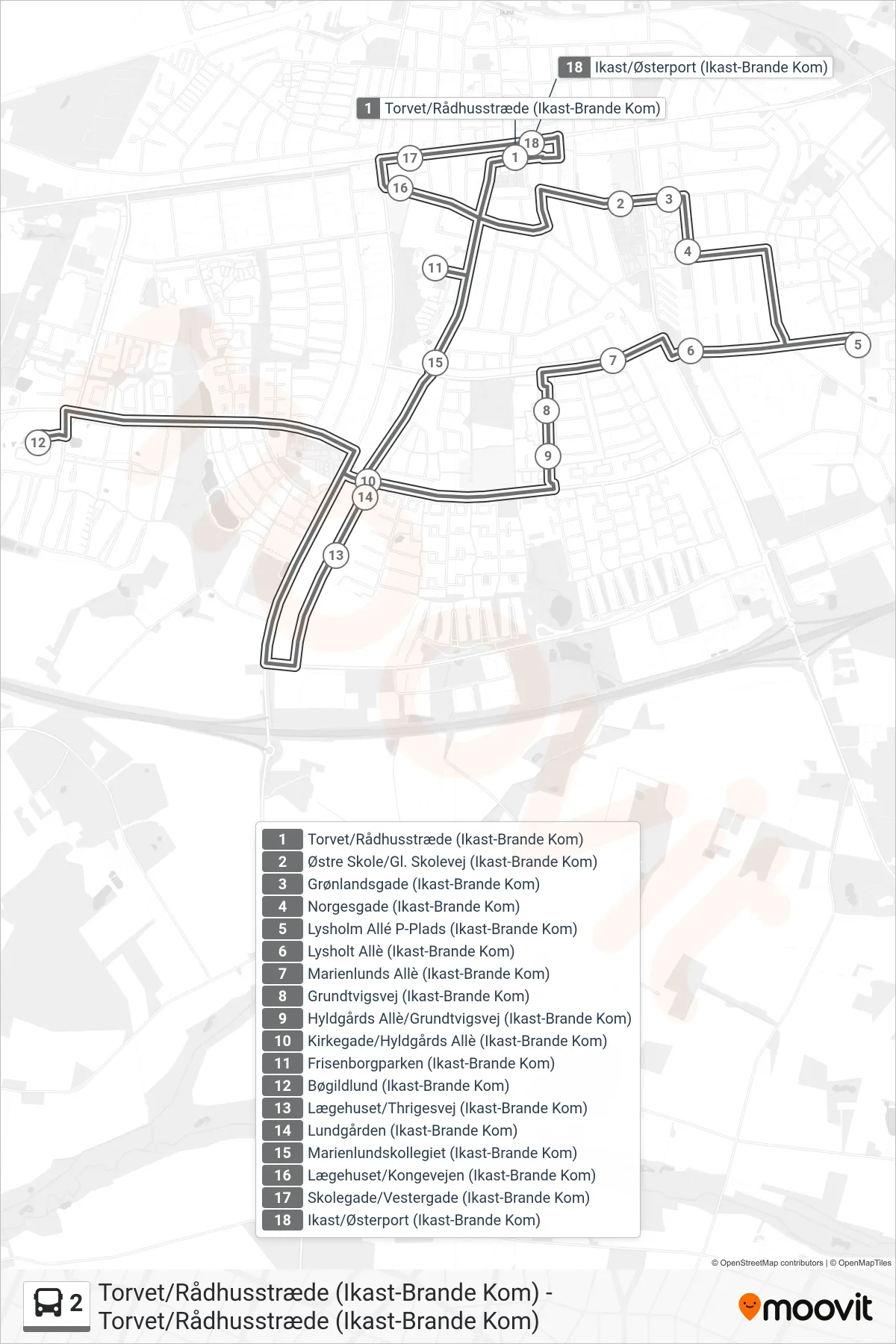 2 bus Linje (Torvet/Rådhusstræde (Ikast-Brande Kom)) rute og stop på et kort