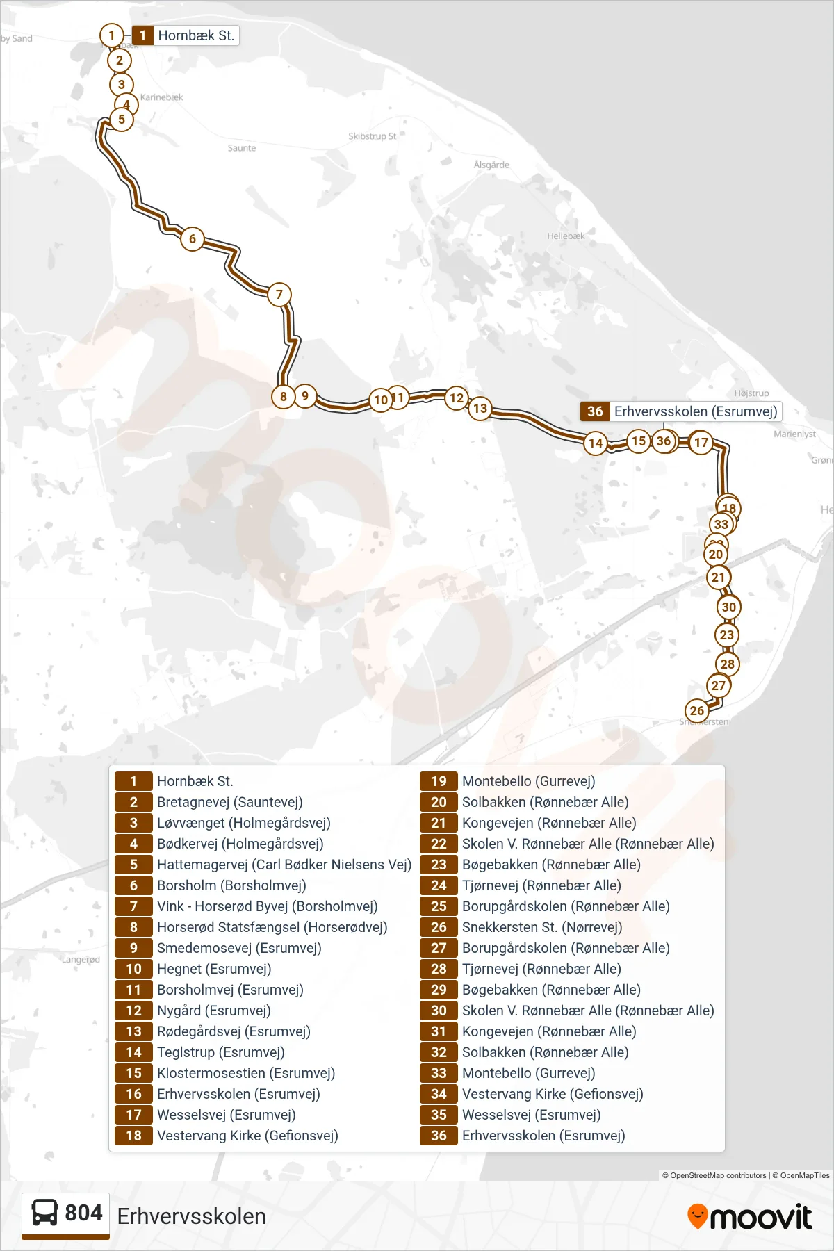 804 bus Linje (Erhvervsskolen) rute og stop på et kort