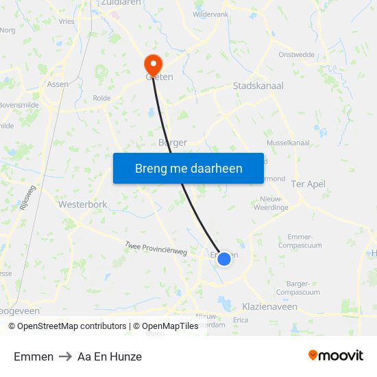 Emmen to Aa En Hunze map