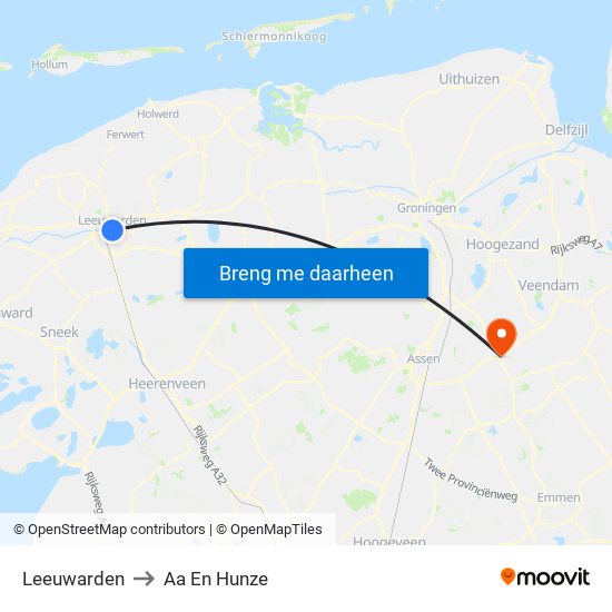 Leeuwarden to Aa En Hunze map