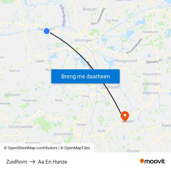 Zuidhorn to Aa En Hunze map
