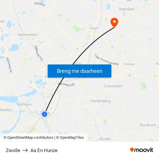 Zwolle to Aa En Hunze map