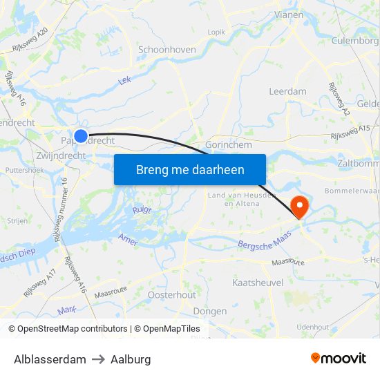 Alblasserdam to Aalburg map