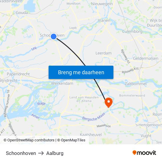 Schoonhoven to Aalburg map