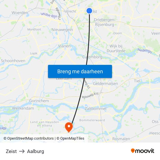 Zeist to Aalburg map