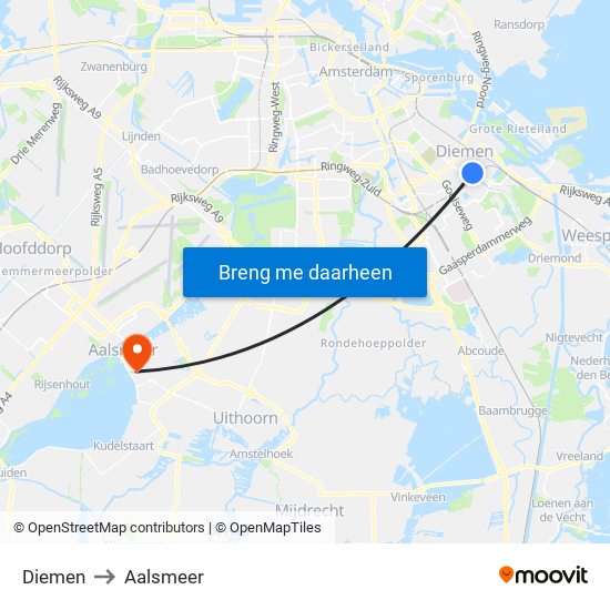 Diemen to Aalsmeer map