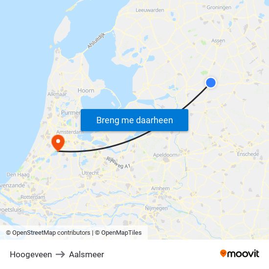 Hoogeveen to Aalsmeer map