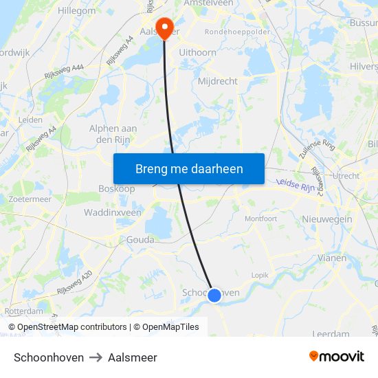 Schoonhoven to Aalsmeer map