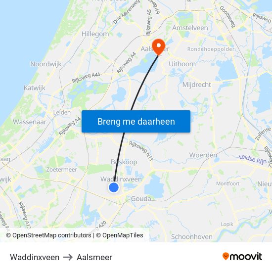 Waddinxveen to Aalsmeer map