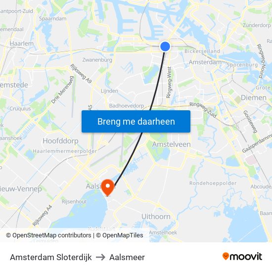 Amsterdam Sloterdijk to Aalsmeer map