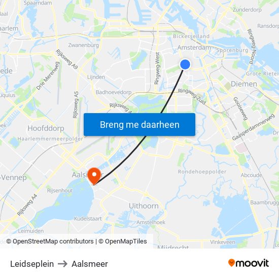 Leidseplein to Aalsmeer map