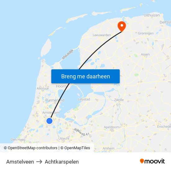 Amstelveen to Achtkarspelen map