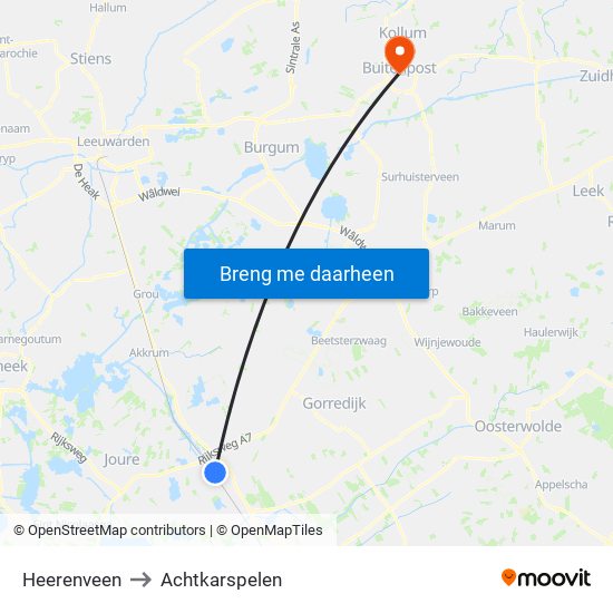 Heerenveen to Achtkarspelen map