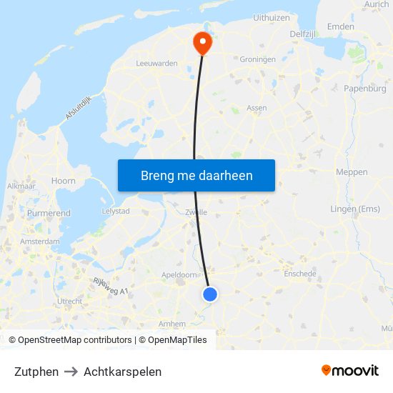 Zutphen to Achtkarspelen map
