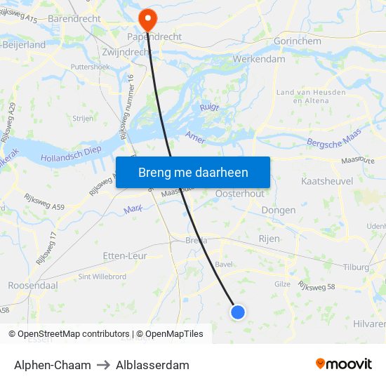 Alphen-Chaam to Alblasserdam map