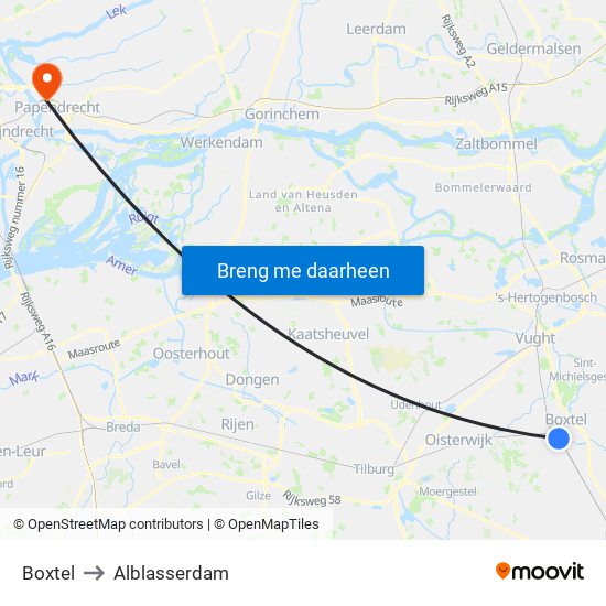 Boxtel to Alblasserdam map