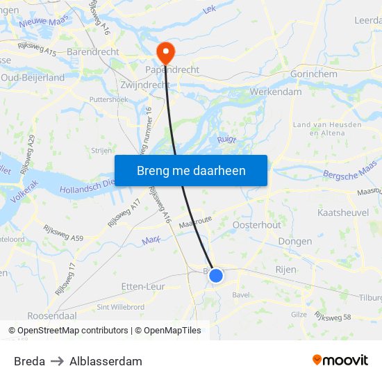 Breda to Alblasserdam map