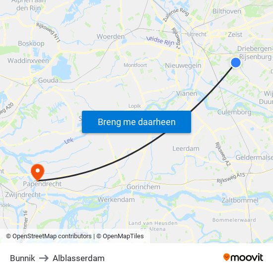 Bunnik to Alblasserdam map