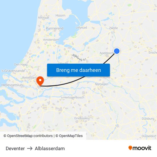 Deventer to Alblasserdam map