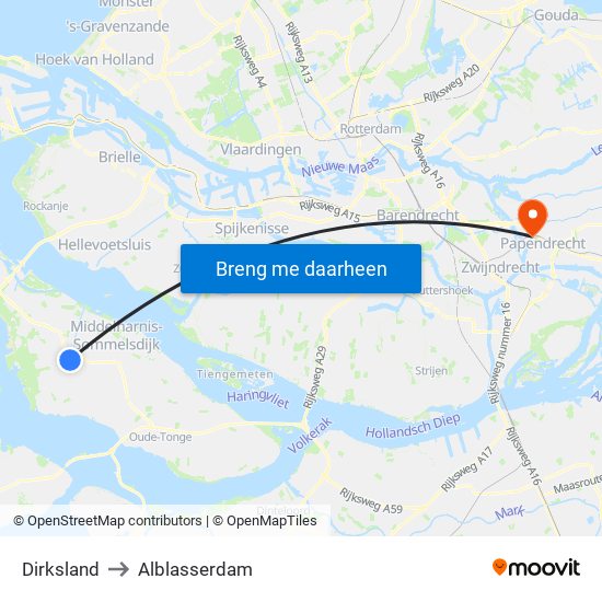 Dirksland to Alblasserdam map