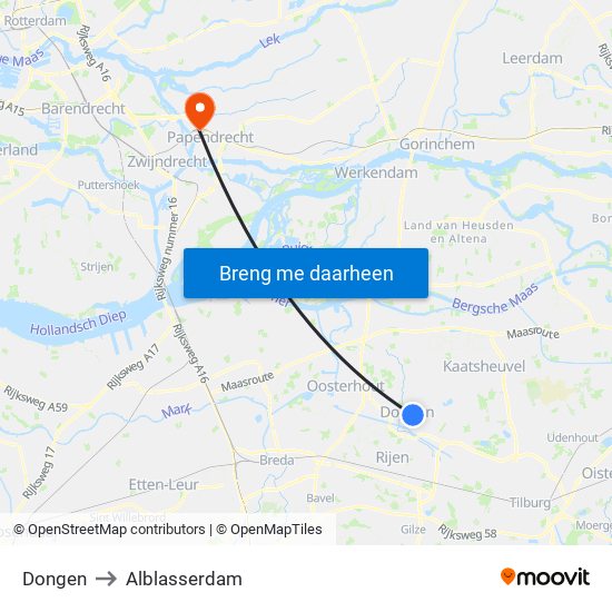 Dongen to Alblasserdam map