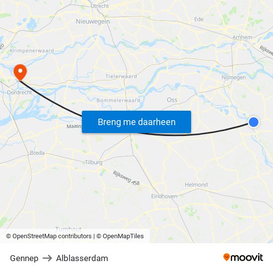 Gennep to Alblasserdam map