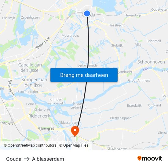 Gouda to Alblasserdam map