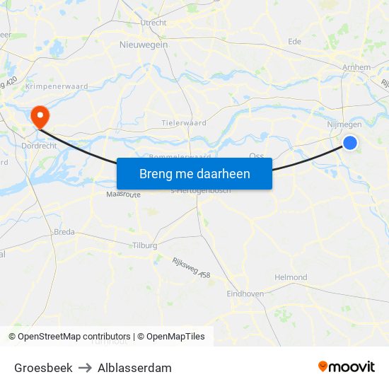 Groesbeek to Alblasserdam map