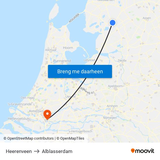 Heerenveen to Alblasserdam map