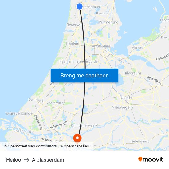 Heiloo to Alblasserdam map