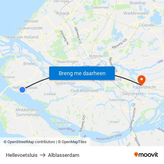 Hellevoetsluis to Alblasserdam map