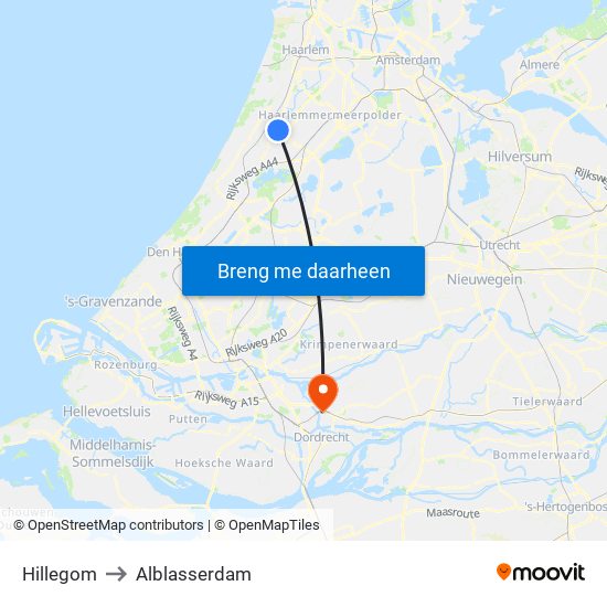 Hillegom to Alblasserdam map