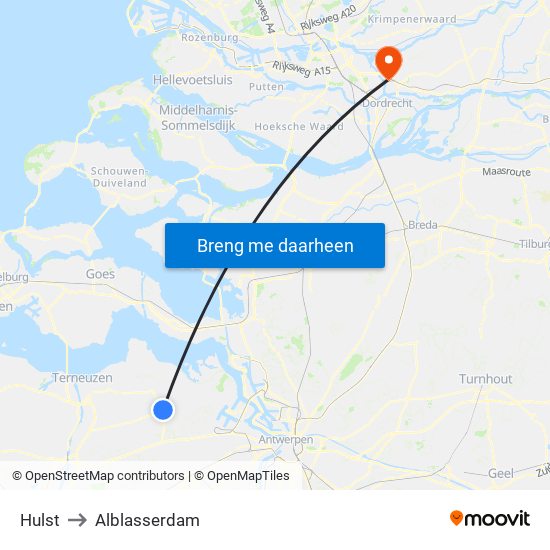 Hulst to Alblasserdam map