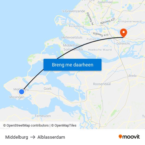 Middelburg to Alblasserdam map