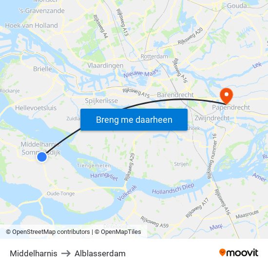 Middelharnis to Alblasserdam map