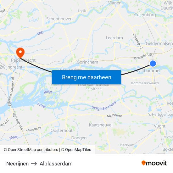 Neerijnen to Alblasserdam map