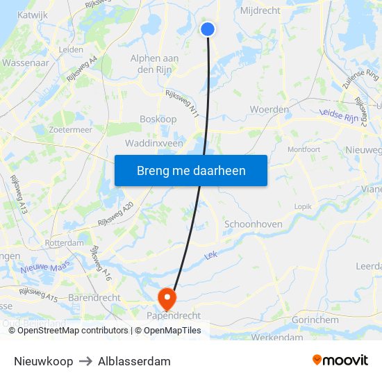 Nieuwkoop to Alblasserdam map