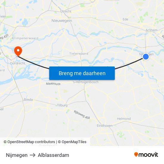 Nijmegen to Alblasserdam map