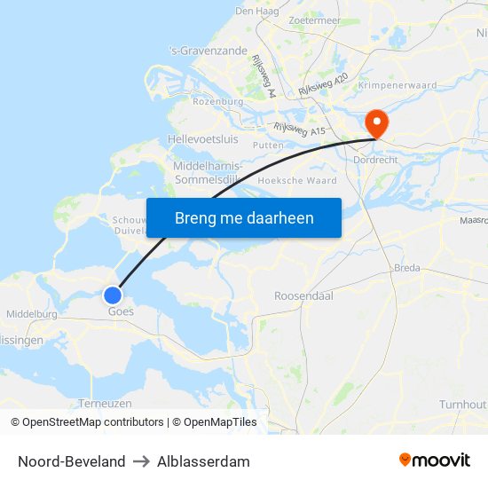 Noord-Beveland to Alblasserdam map