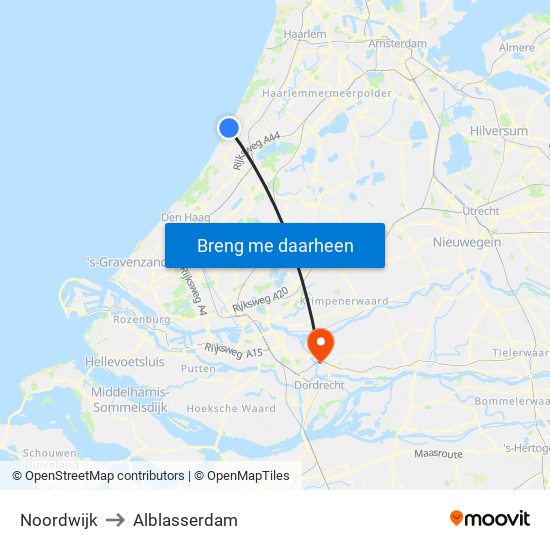 Noordwijk to Alblasserdam map