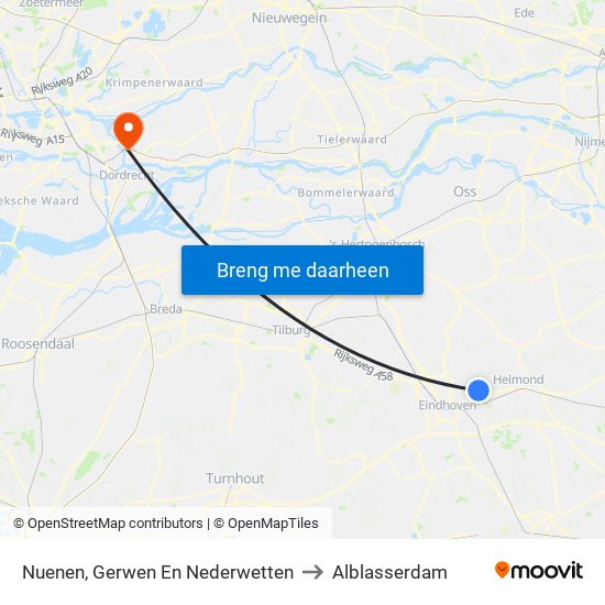 Nuenen, Gerwen En Nederwetten to Alblasserdam map