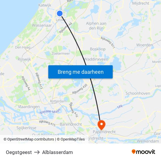 Oegstgeest to Alblasserdam map