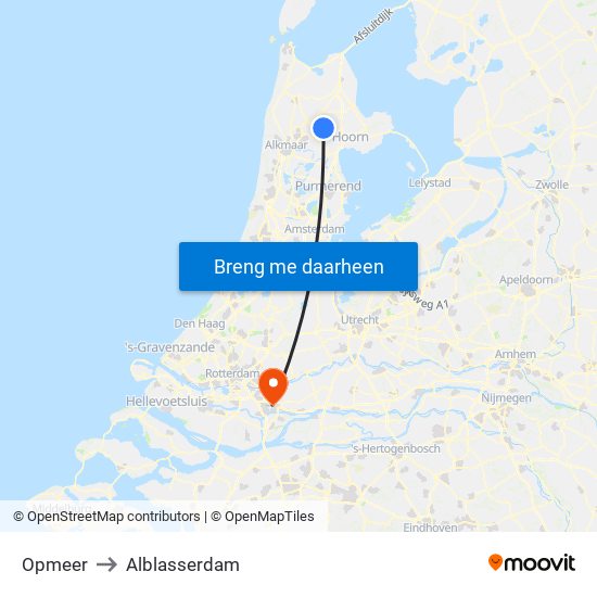 Opmeer to Alblasserdam map